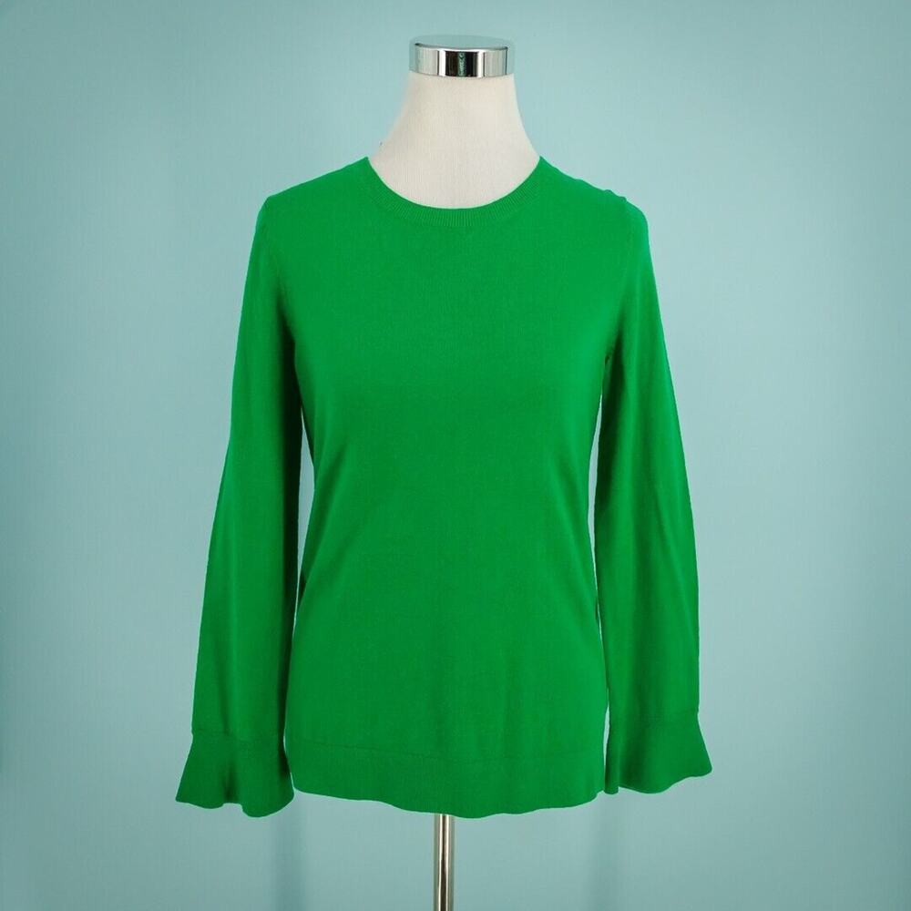 Talbots Size Small S Green Ruffle Flounce Cuff Crew Neck Wool Blend Sweater NEW
